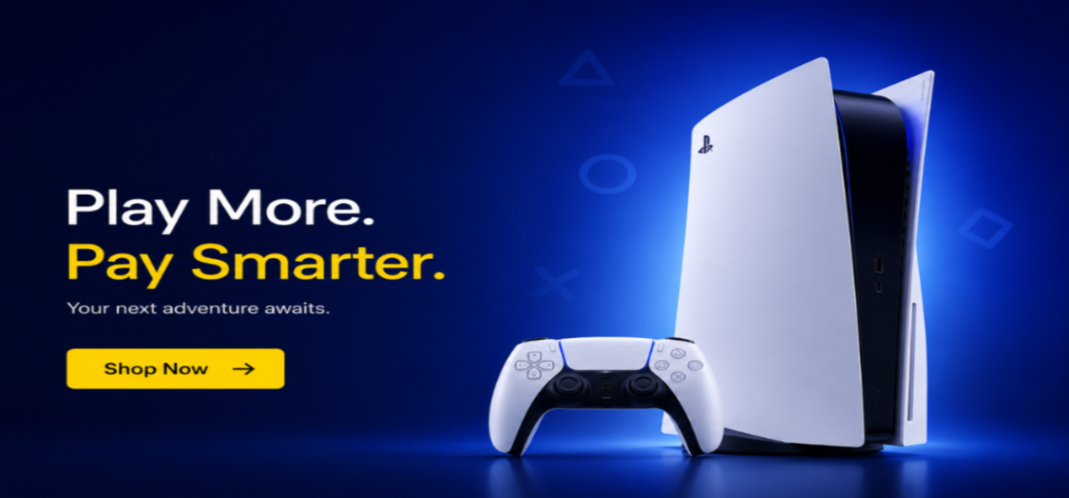 PlayStation 5 console and controller with promotional text on a blue background
