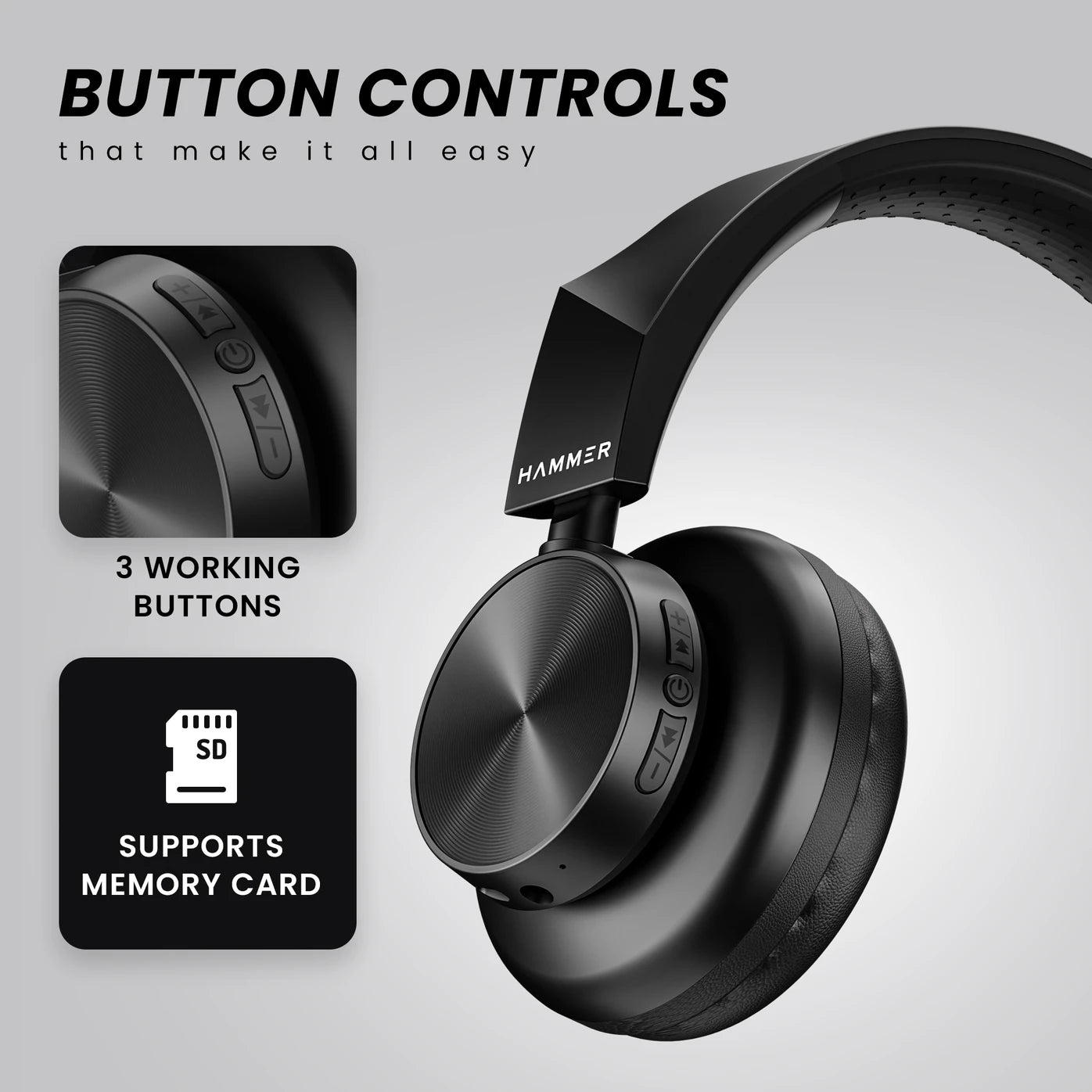 Hammer Bash Lite Wired and Wireless Headphones with Mic, Deep Bass, 40mm Drivers, Bv5.3 Bluetooth Headset (Black, On the Ear)