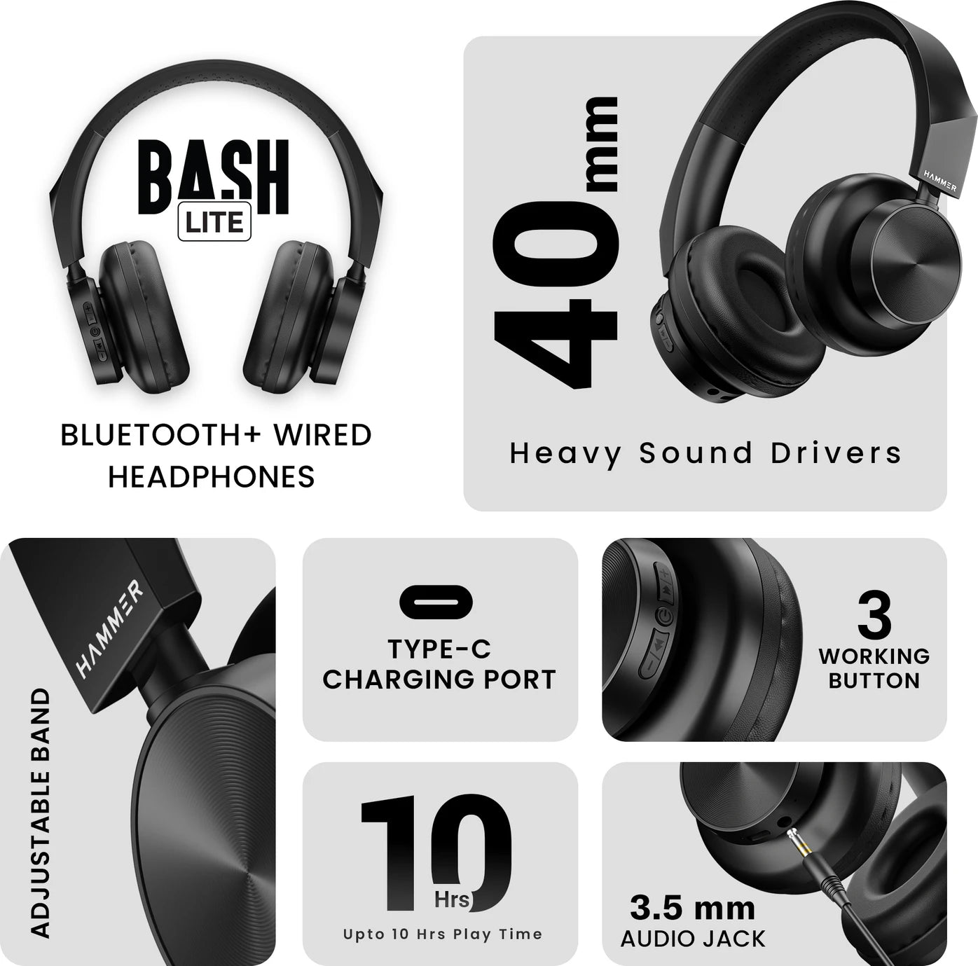 Hammer Bash Lite Wired and Wireless Headphones with Mic, Deep Bass, 40mm Drivers, Bv5.3 Bluetooth Headset (Black, On the Ear)