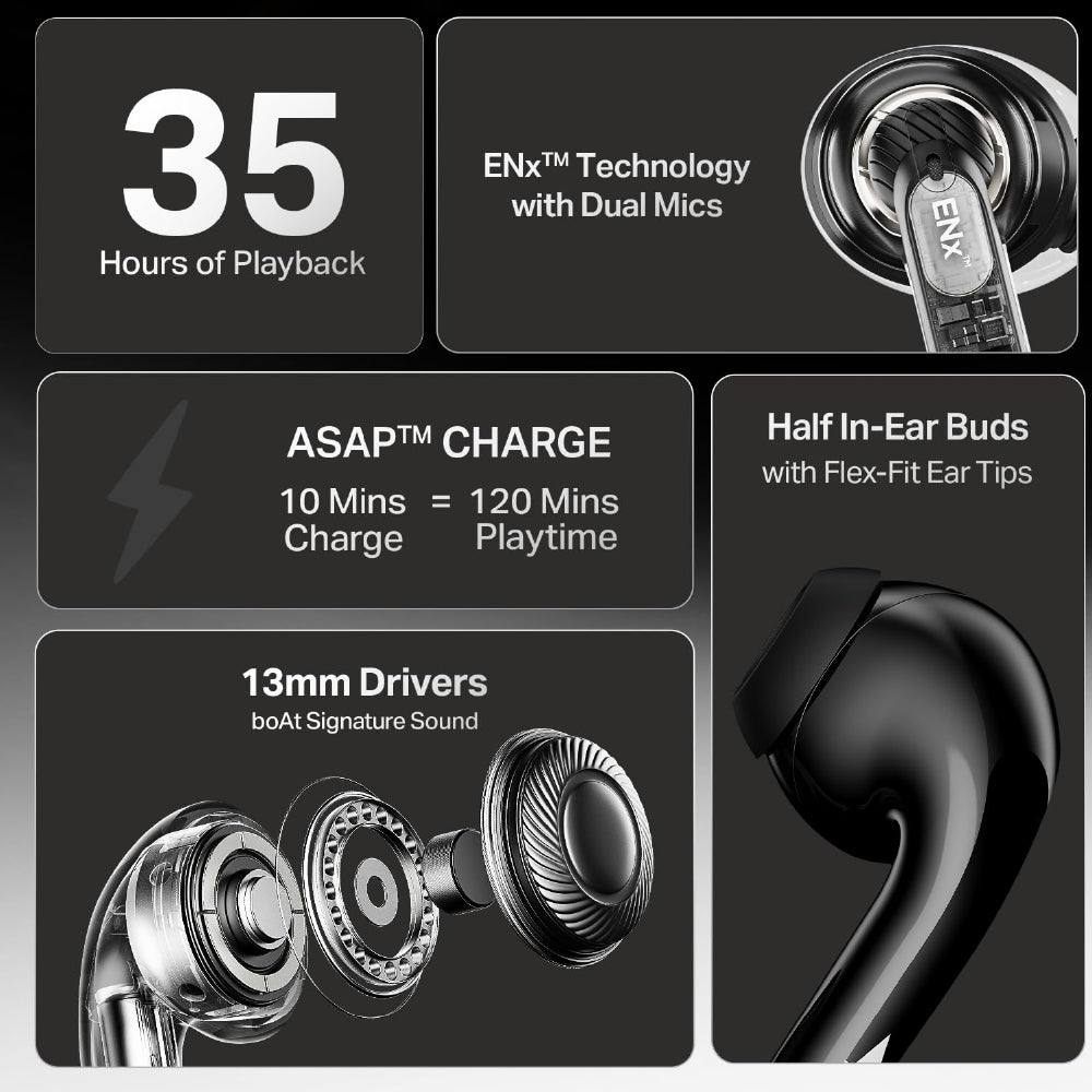 boAt Airdopes 101v2, 35H Battery, ENx Tech, 13mm Drivers, ASAP Charge, Flex-Fit Ear Tips,Stream Ad Free Music via App Support, Bluetooth Earbuds, TWS Ear Buds Wireless Earphones with mic (Pitch Black)