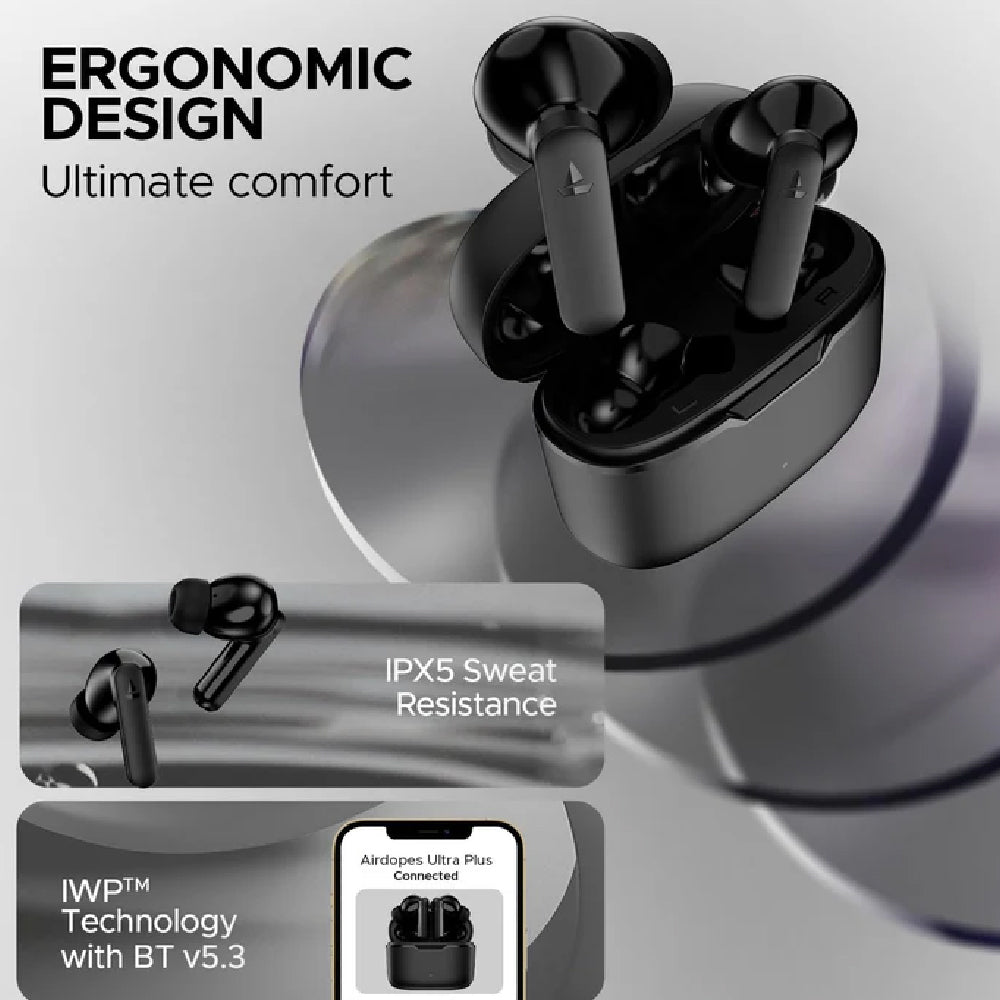 Boat Airdopes Ultra Plus, 50 H Battery, 4Mics ENx, ASAP Charge, Low Latency, Stream Ad Free Music via App Support, Bluetooth Earbuds, TWS Ear Buds Wireless Earphones with mic (Midnight Black)