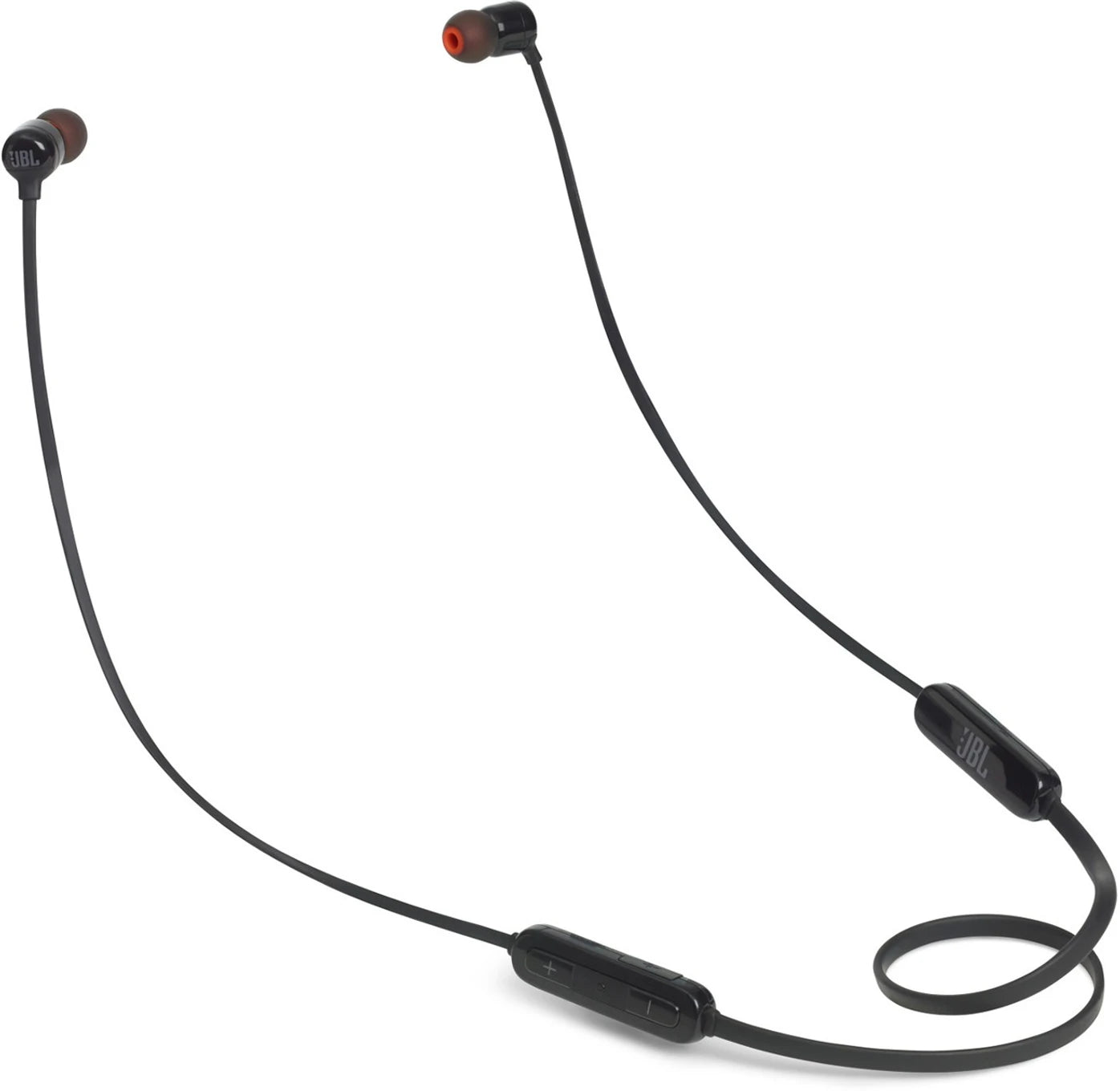 Black wireless earbuds with a white background
