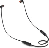 Black wireless earbuds with a white background
