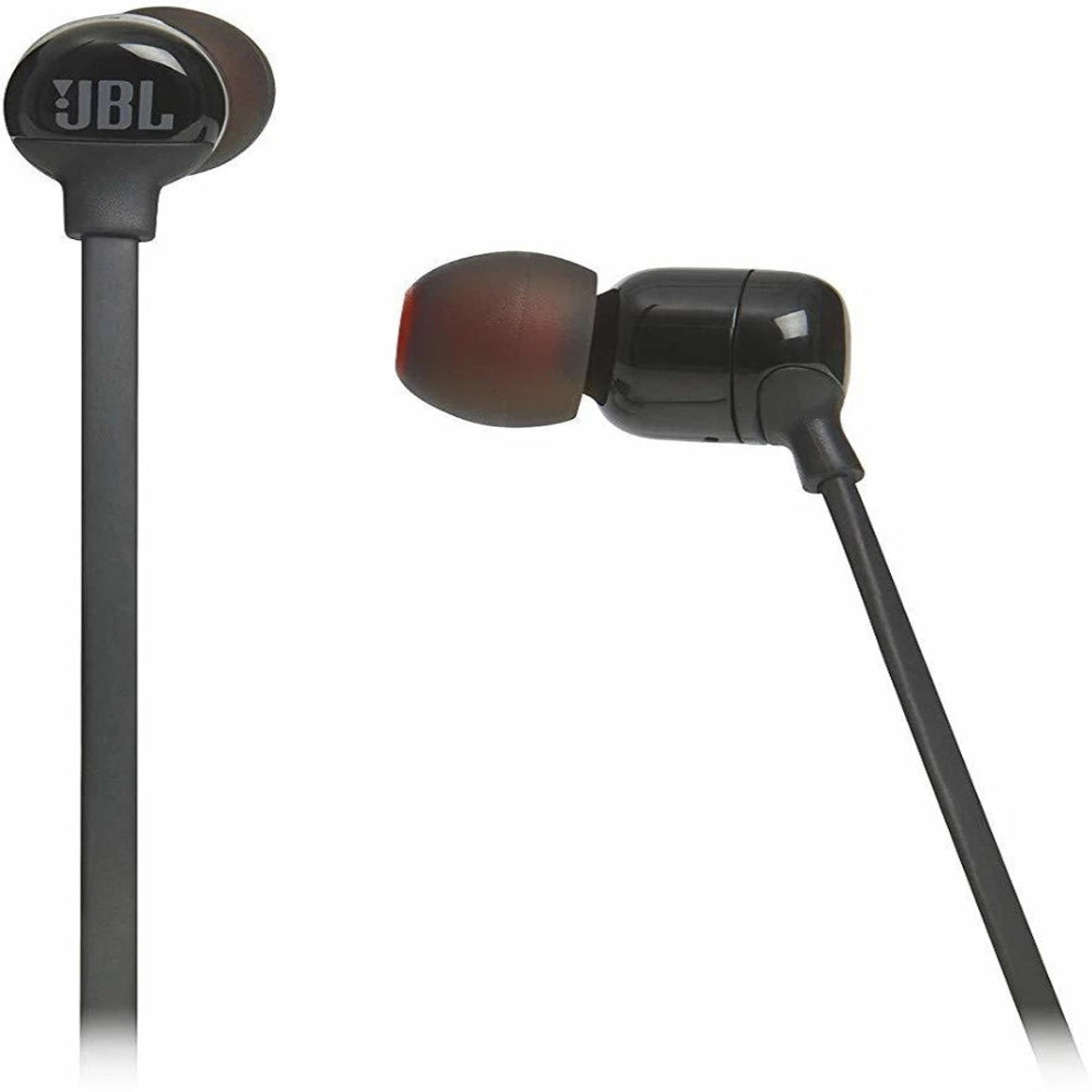 Black JBL earphones on a white background