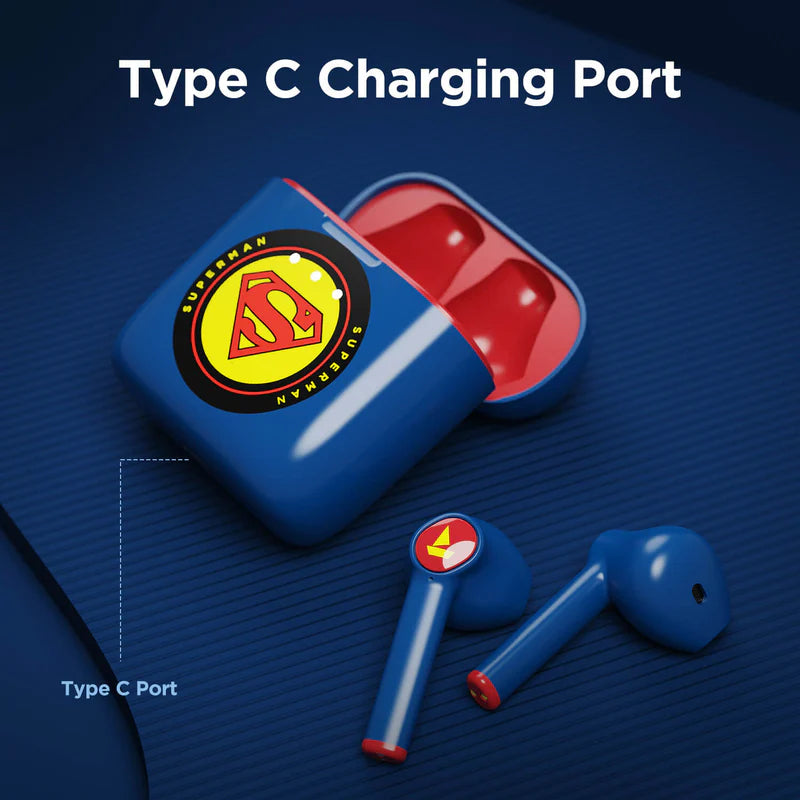 Close-up of CarrotKart Airdopes 131 DC Superman Edition Earbuds – India | CarrotKart