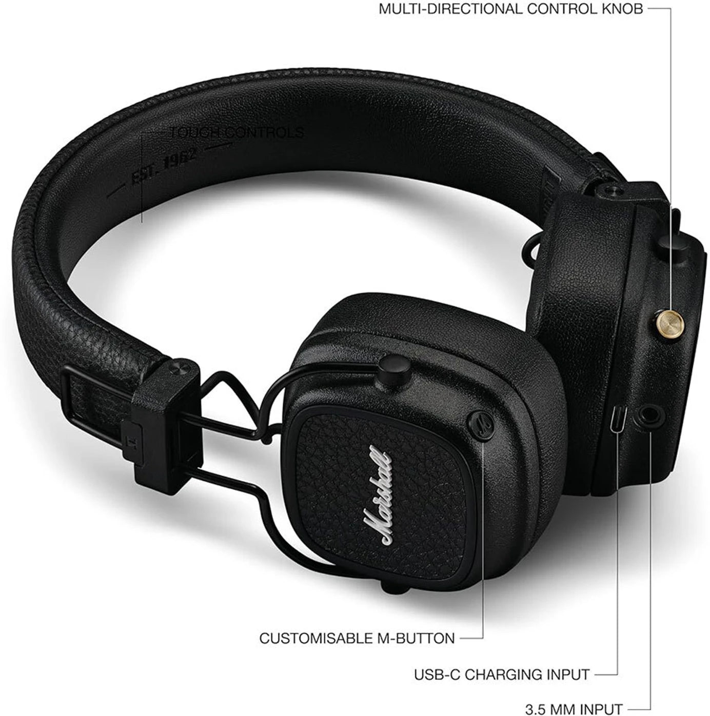 Marshall Major V Wireless On-Ear Headphones, 100 Hours playtime Bluetooth Headset (Black, On the Ear)