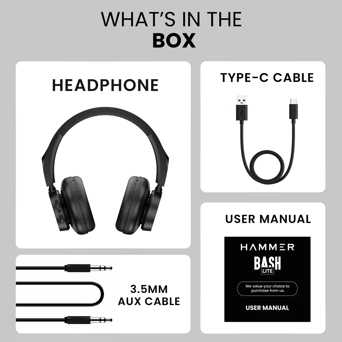 Hammer Bash Lite Wired and Wireless Headphones with Mic, Deep Bass, 40mm Drivers, Bv5.3 Bluetooth Headset (Black, On the Ear)