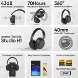 realme TechLife Studio H1 with 43dB ANC, Hi-Res Audio, 40mm Driver and 70hrs Playback Bluetooth Headset (Black, On the Ear)