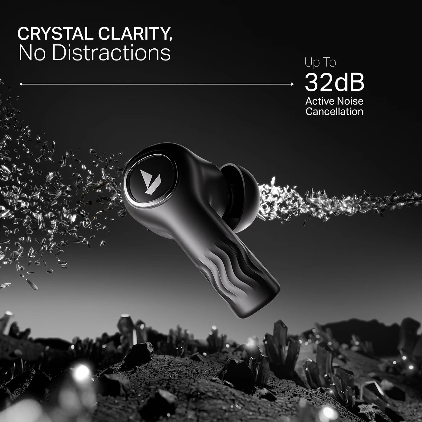 boAt Nirvana Crystl, (2025 Launch), Transparent Case,360 Spatial Audio, 4Mics ENx Bluetooth Headset (Quantum Black, True Wireless)