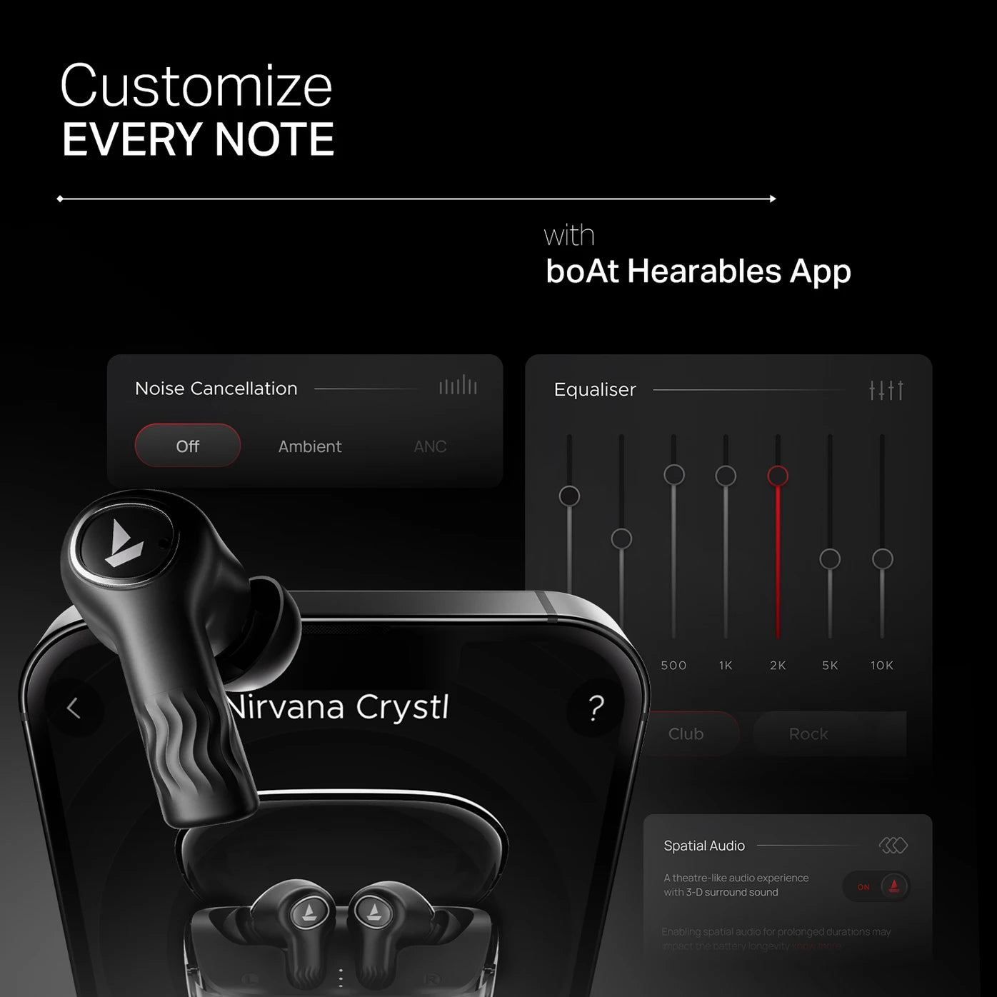 boAt Nirvana Crystl, (2025 Launch), Transparent Case,360 Spatial Audio, 4Mics ENx Bluetooth Headset (Quantum Black, True Wireless)