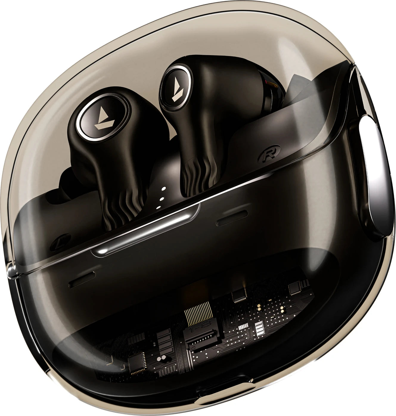 boAt Nirvana Crystl, (2025 Launch), Transparent Case,360 Spatial Audio, 4Mics ENx Bluetooth Headset (Quantum Black, True Wireless)
