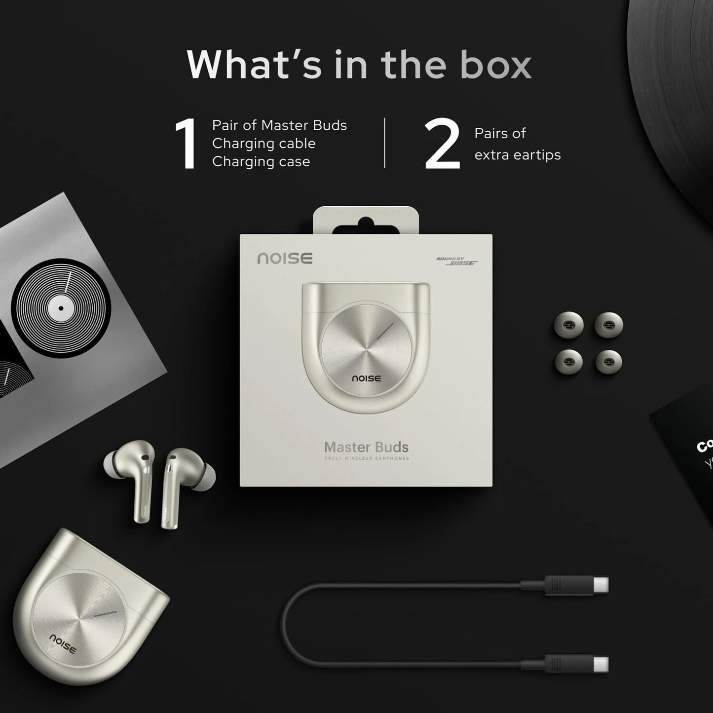 Noise Master Buds, Sound by BOSE, 49dB ANC, 6 Mic ENC, 44 Hr Battery, Spatial Audio Bluetooth Headset (Onyx, True Wireless)