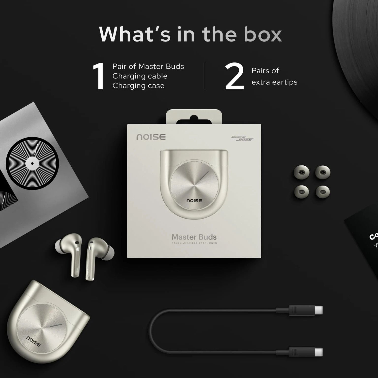 Noise Master Buds, Sound by BOSE, 49dB ANC, 6 Mic ENC, 44 Hr Battery, Spatial Audio Bluetooth Headset (Onyx, True Wireless)