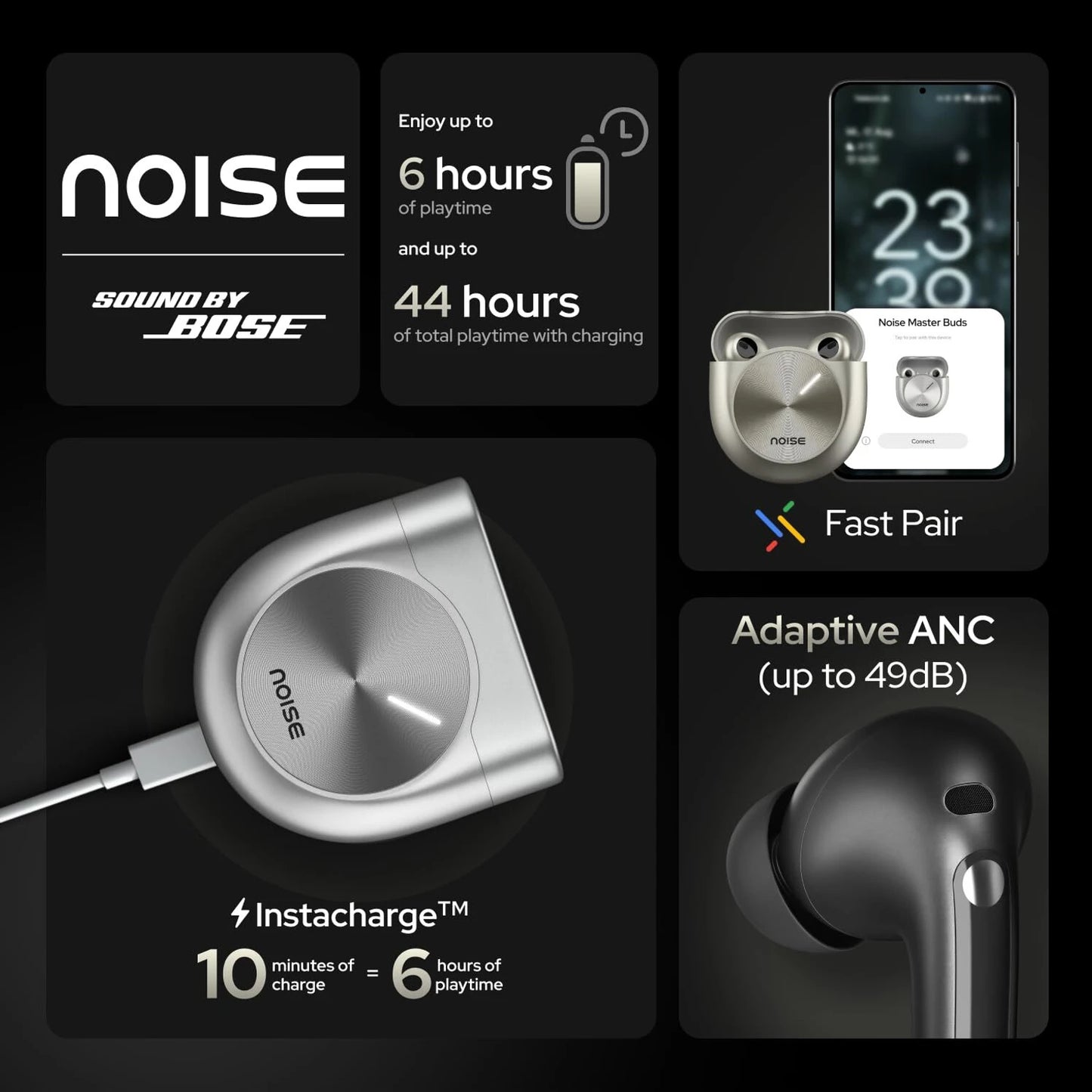 Noise Master Buds, Sound by BOSE, 49dB ANC, 6 Mic ENC, 44 Hr Battery, Spatial Audio Bluetooth Headset (Onyx, True Wireless)