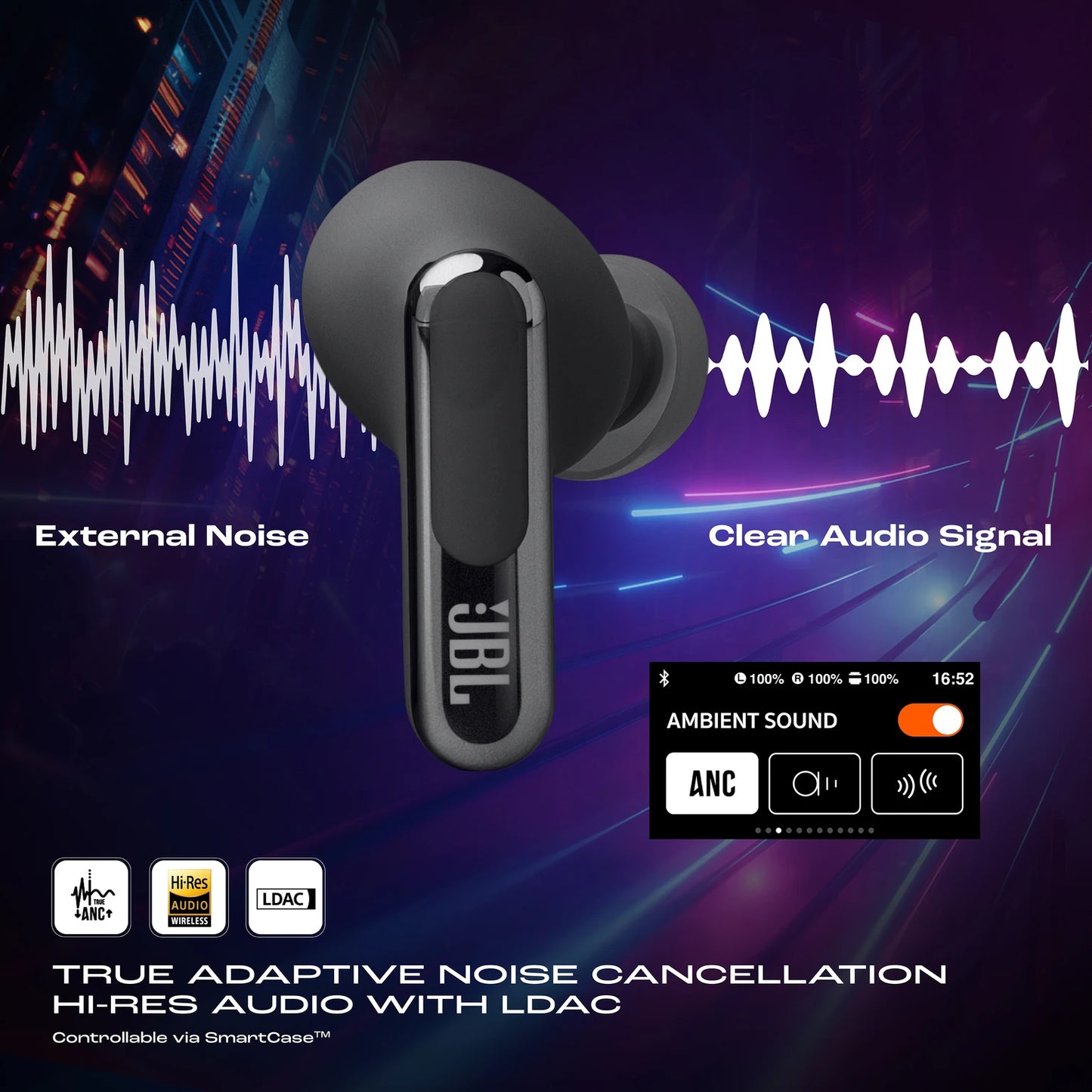 JBL Live Beam 3, Hi-Res LDAC Audio ANC TWS, SmartCase,48H Runtime, Wireless Charging Bluetooth Headset (Black, True Wireless)