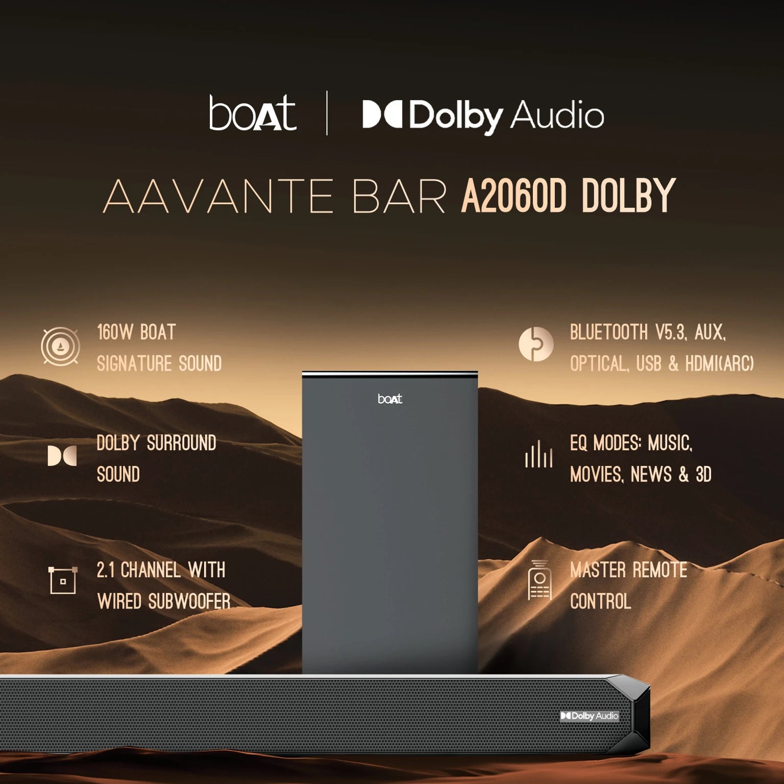 boAt Aavante Bar A2060 160W Dolby Audio Soundbar 2.1 Channel