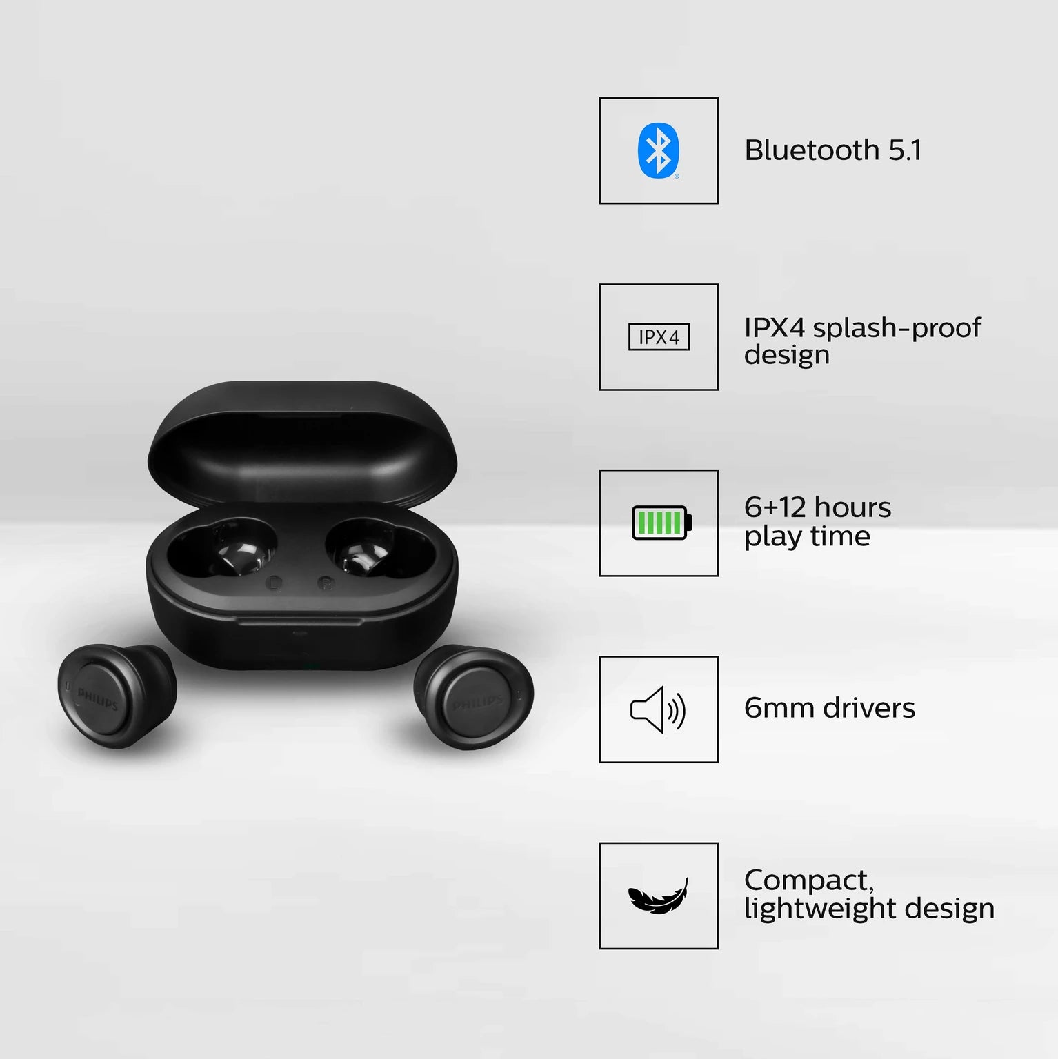 PHILIPS Bluetooth In Ear Earbuds, 18H Play Time, 6mm Dynamic Drivers, IPX4 Proof Bluetooth Headset (Black, True Wireless)