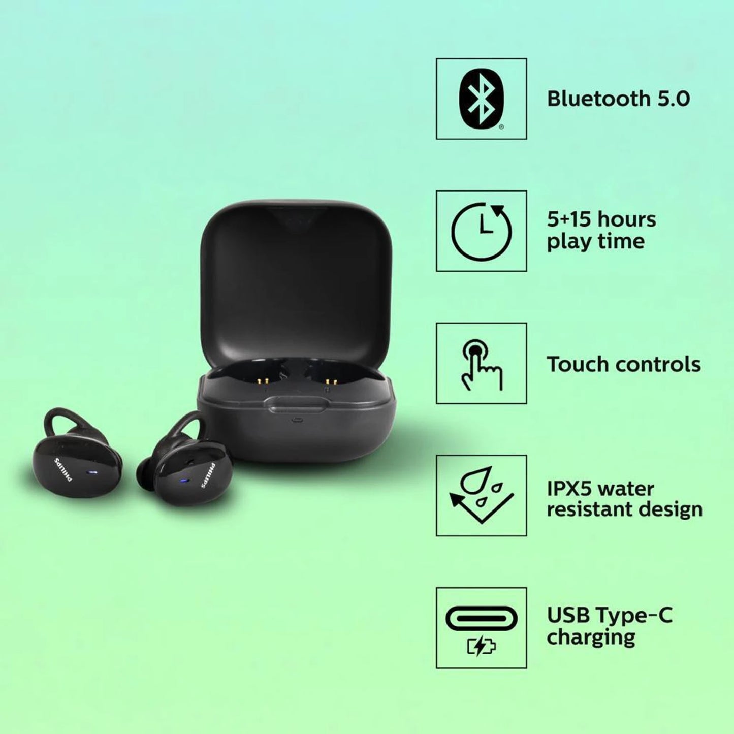 PHILIPS TAT4205 (TWS) True Wireless Earbuds with IPX5 water-proof, Touch control Bluetooth Headset (Black, True Wireless)